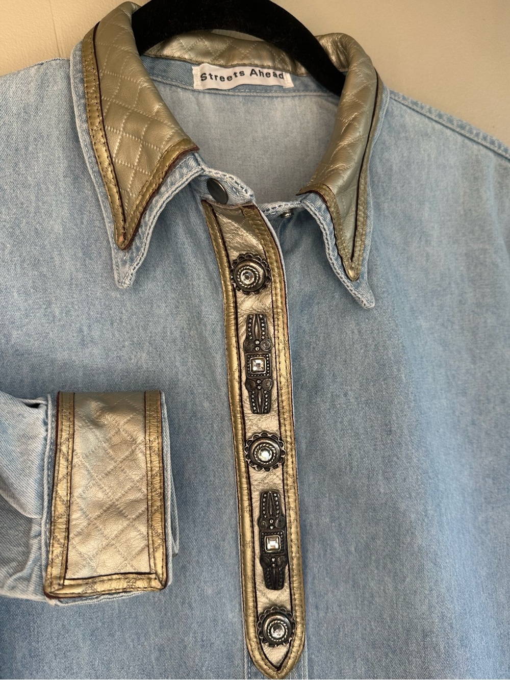 Streets Ahead Western Light Blue Denim Shirt with Metallic Gold Trim Women’s